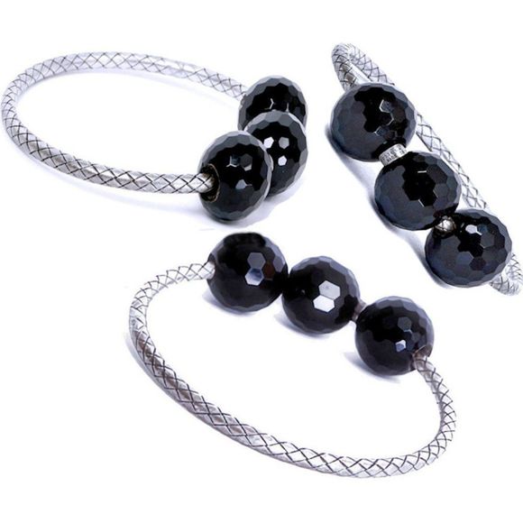 BOTTEGA VENETA Triple Onyx Bead Intrecciato Sterling Silver Bangle Bracelet - Picture 9 of 9